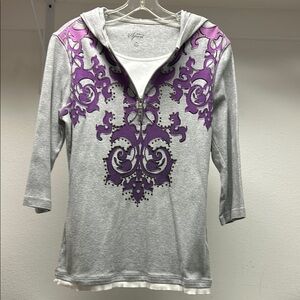 Style and Co Graphic Gray and Purple 3/4 Sleeve Hoodie
